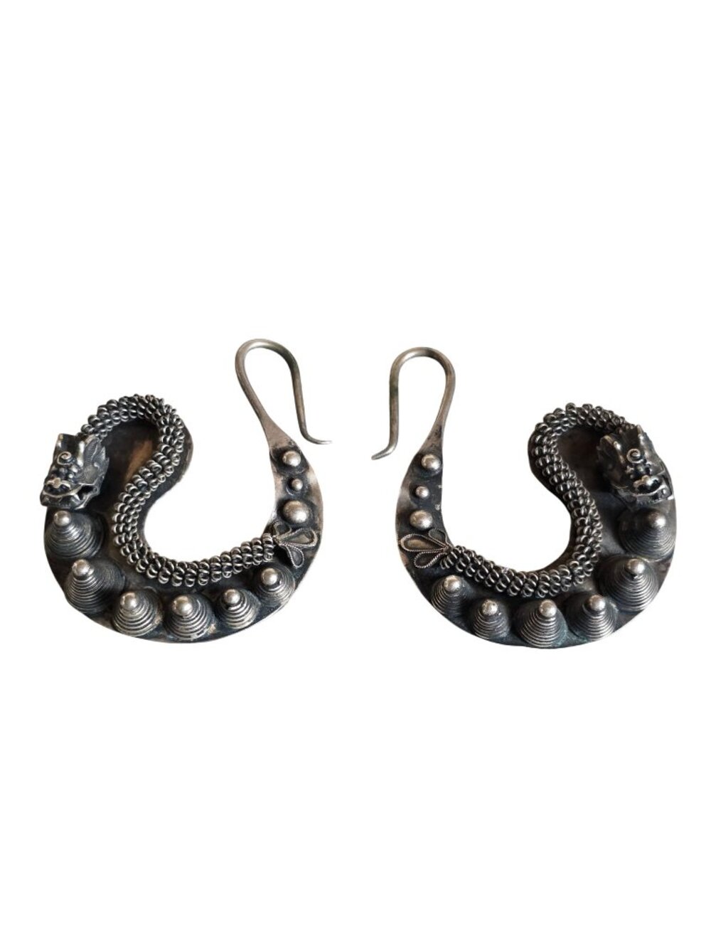 Chinese Qing Dynasty Dragon Sterling Silver Earrings